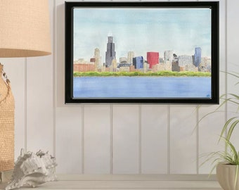 Chicago Skyline ORIGINAL Watercolor Painting Home Nursery Decor Wall Art