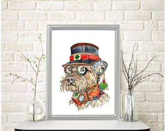 Original STEAMPUNK SCHNAUZER DOG Watercolor Painting: Signed Art