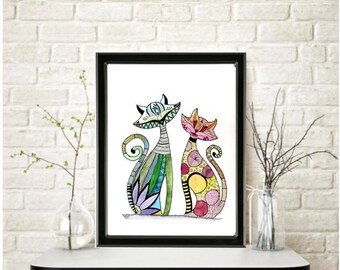 Original Pair FELICIA & FELIX CATS #1 Watercolor Painting: Signed Feline Cat Art