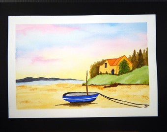 Watercolor Painting Sunrise At The Cottage At The Lake Landscape Modern Art/Nursery/Office/Home Decor