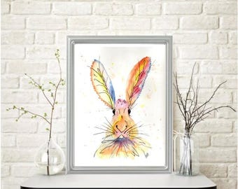 Original Rainbow BUNNY RABBIT HARE Watercolor Painting Signed Art