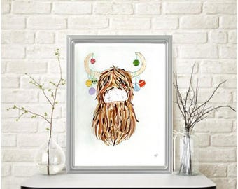 Colorful HOLIDAY HIGHLAND COW Watercolor Painting: Signed Art