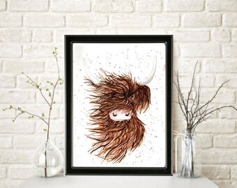 BLUSTERY HIGHLAND COW Watercolor Painting Nursery Wall Modern Art