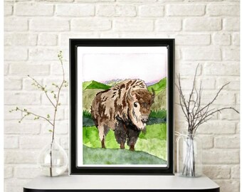 AMERICAN BISON Of YELLOWSTONE Watercolor Painting: Signed Art