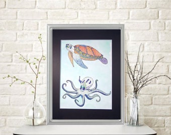 Pointillist Octopus & Turtle Watercolor Painting, Matted Nursery Art