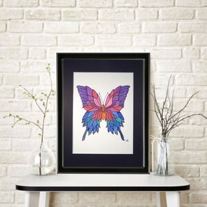 Watercolor Painting Blue Swallowtail Butterfly Mounted/Matted Modern Art Nursery Office Wall Art