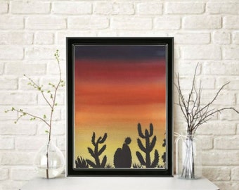 Desert Sunset ORIGINAL Watercolor Painting Home Nursery Decor Wall Art