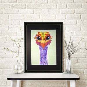 Watercolor Painting Funky Ostrich Mounted/Matted Modern Art Nursery Office Wall Art