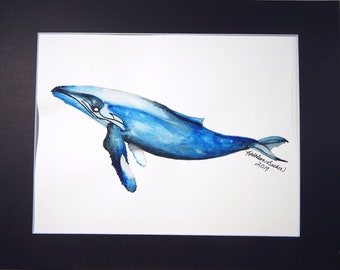 Blue Ocean Whale 1 Watercolor Painting Mounted/Matted Modern Art Nursery Office Art/Home Decor