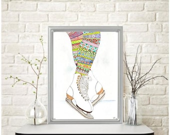 Original ICE SKATES & STOCKINGS Watercolor Painting: Signed Art