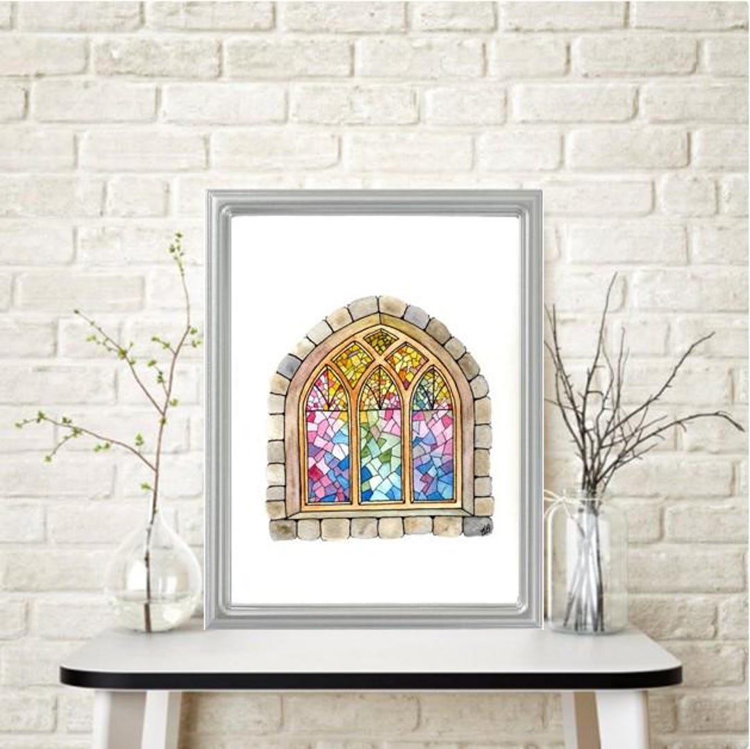 Gothic Arched STAINED GLASS WINDOW on Stone Watercolor Painting - Etsy