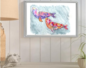 PAIR Of PSYCHEDELIC DOLPHINS Watercolor Painting Signed Art