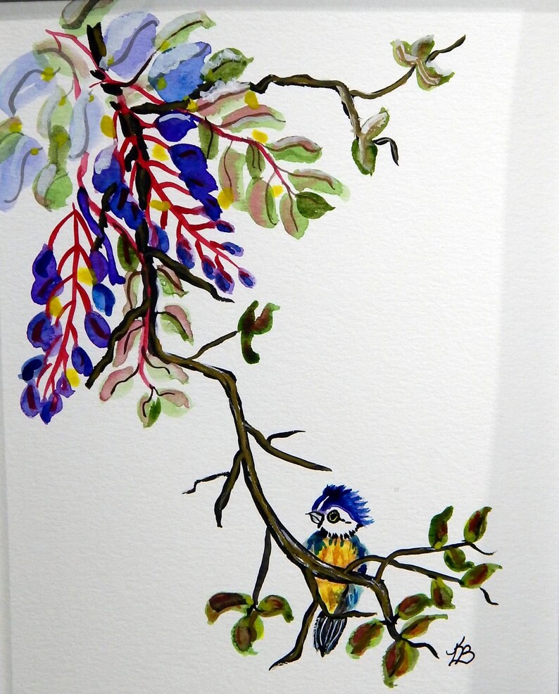 Floral Wisteria /& Eurasian Blue Tit Bird Original Watercolor Painting Mounted and Matted Home Nursery Decor Wall Art