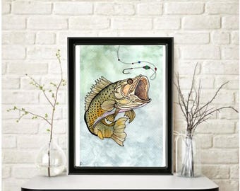 Original Lifelike LARGE MOUTH BASS Watercolor Painting: Signed Fish Art