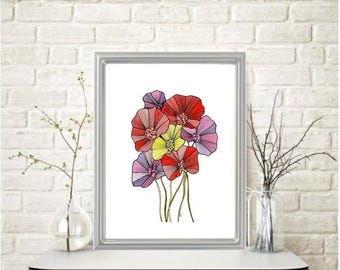 HOT & COLD POPPIES Watercolor Painting: Signed Floral Art