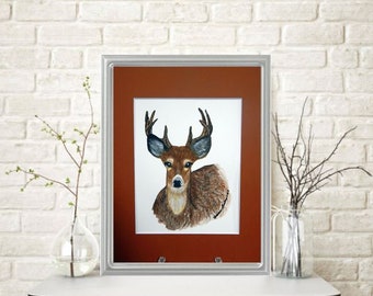 Buck Deer Original Watercolor Painting Watercolor Paper Mounted and Matted Fall Home Decor Wall Art