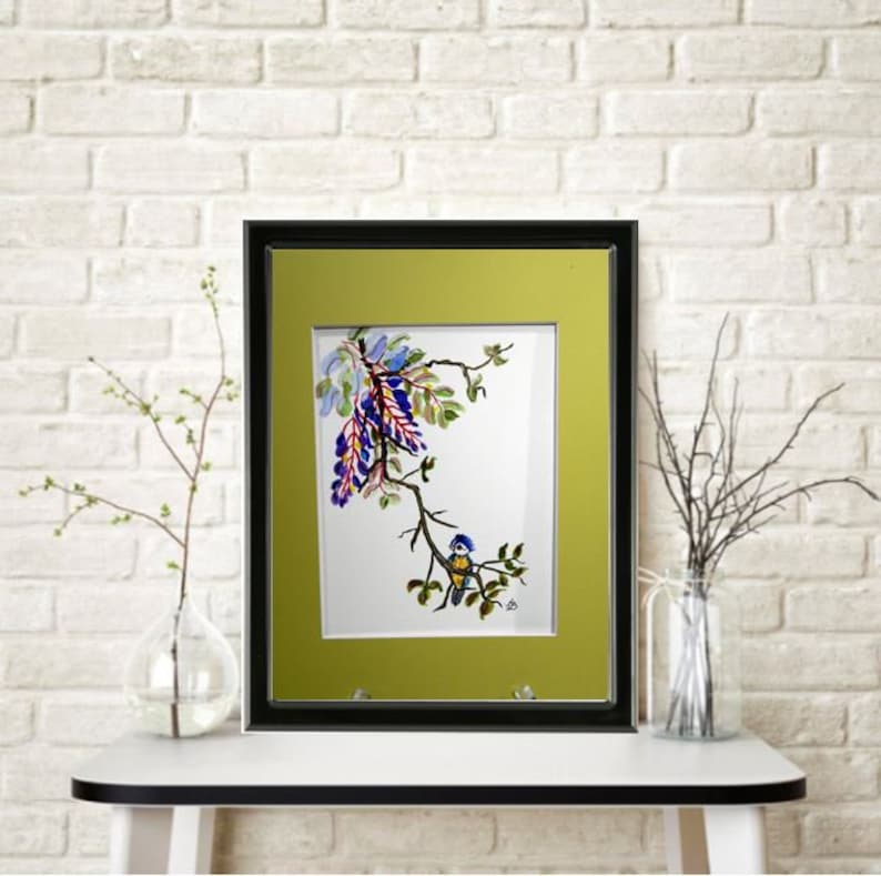 Floral Wisteria /& Eurasian Blue Tit Bird Original Watercolor Painting Mounted and Matted Home Nursery Decor Wall Art