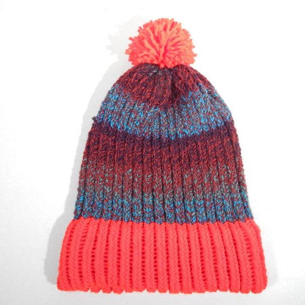Handmade ACRYLIC Knit Winter Ski Hat Cap Beanie RED with Variegated Burgundy / Turquoise Child / Teen / Adult Unisex Large