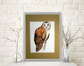 BARN OWL In TREE Watercolor Painting Mounted/Matted Nursery Home Decor Wall Art