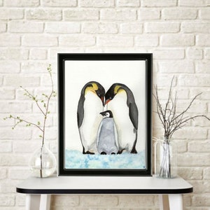 Emperor Penguin Family Of Three ORIGINAL Watercolor Painting Home Nursery Decor Wall Art