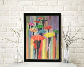 WALKING To WORK In The RAIN Watercolor Painting Home Nursery Decor Wall Art