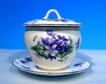 Antique BISTO, England (Bishop and Stonier Pottery) Lidded Sugar Bowl VIOLETS / PANSIES c. 1891 - 1936