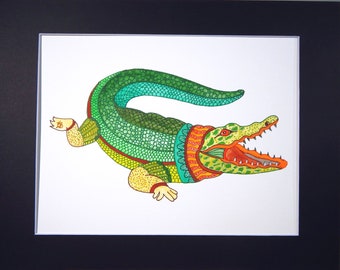 Watercolor Painting CROCODILE Mandala Mounted/Matted Modern Art Nursery Office Art/Home Decor