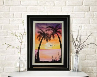 Watercolor Painting Tropical Sunrise Landscape Modern Art/Nursery/Office/Home Decor