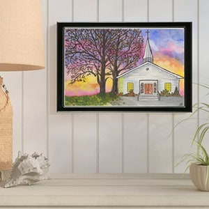 Sunrise Church ORIGINAL Watercolor Painting Home Nursery Decor Wall Art