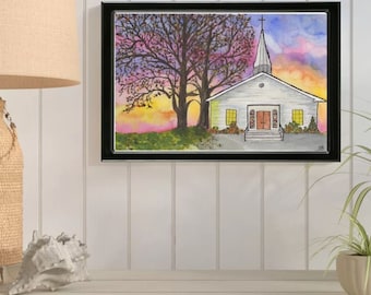 Sunrise Church ORIGINAL Watercolor Painting Home Nursery Decor Wall Art