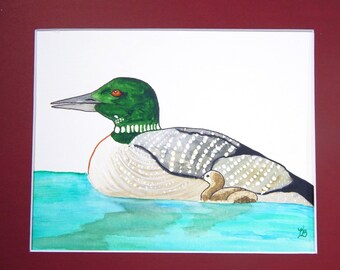 North American Loon Bird & Chick Original Watercolor Painting Mounted and Matted Home Nursery Decor Wall Art