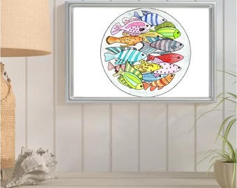 Original Colorful TROPICAL OCEAN FISH Porthole View Watercolor Painting: Signed Art