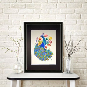 Watercolor Painting Stylized Peacock and Florals Mounted/Matted Modern Art Nursery Office Art image 1