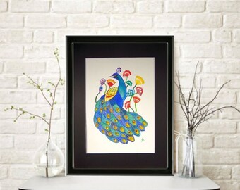 Watercolor Painting Stylized Peacock and Florals Mounted/Matted Modern Art Nursery Office Art