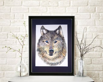 TIMBER WOLF With BLUE Eyes Watercolor Painting Mounted/Matted Modern Art