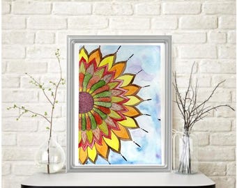 Unique BURSTING SUNFLOWER Retro Hippy Vibes Watercolor Painting: Signed Art