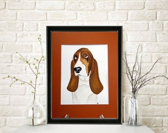 Sweet Sad Basset Hound Dog Original Watercolor Painting Mounted and Matted Home Nursery Decor Wall Art