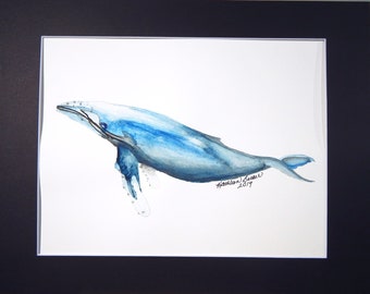 Blue Ocean Whale Watercolor Painting Mounted/Matted Modern Art Nursery Office Art/Home Decor