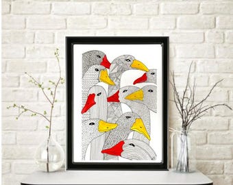 Original GEESE DUCKS BIRDS Watercolor Painting: Signed Art