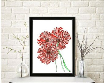 STYLIZED PEPPERMINT CARNATIONS Watercolor Painting: Signed Art