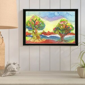 TWO OAK TREES at River Bank Original Watercolor Painting Home Nursery Decor Wall Art