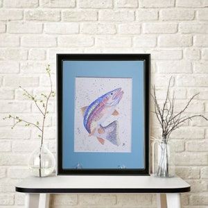 Rainbow Trout Original Watercolor Painting Mounted and Matted Home Nursery Decor Wildlife Wall Art