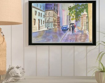MAN WALKING In CITY Rain Watercolor Painting Home Decor Wall Art