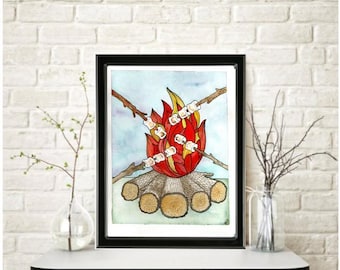 MARSHMALLOWS CAMPFIRE Watercolor Painting: Signed Art