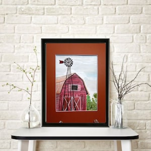 Old Red Barn and Windmill in Original Watercolor Painting Watercolor Paper Mounted and Matted Nursery Home Decor Wall Art