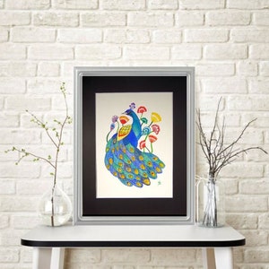 Watercolor Painting Stylized Peacock and Florals Mounted/Matted Modern Art Nursery Office Art image 2