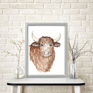 Original PENSIVE COW Watercolor Painting Wall Art