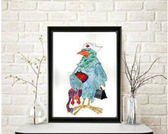 TURKEY NURSE Holding CAT Watercolor Painting: Signed Art