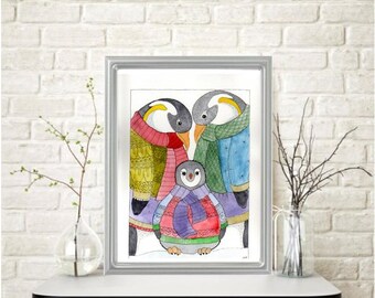 Colorful PENGUIN FAMILY Of THREE Watercolor Painting: Signed Art