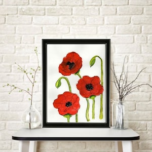 Trio of Poppy Flowers ORIGINAL Watercolor Painting Home Nursery Decor Wall Art